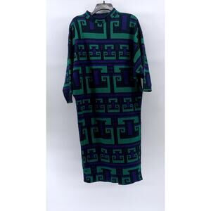 UNBRANDED Women’s Blue-Green Geo Print Long Sleeve Knit Midi Sweater Dress SZ L